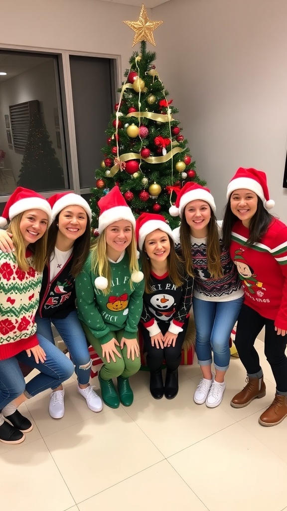 Christmas Matching Profile Pictures for Groups of 6 A group of six friends in Christmas attire, smiling in front of a decorated tree.